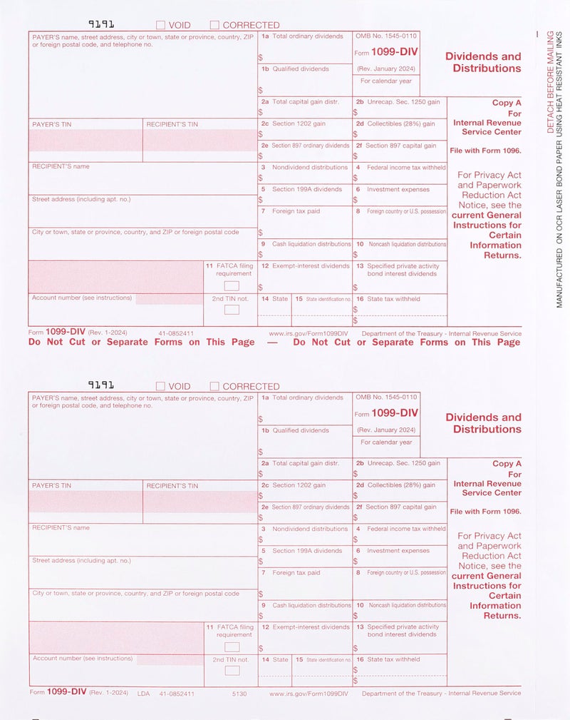 Dutymark 1099 DIV Income Tax Forms 2025 Set and 1096 - Kit for 10 Vendors 4-Part, Complete Laser Forms with Self-Seal Envelopes in Value Pack | 1099-DIV Income 2025 - Image 2
